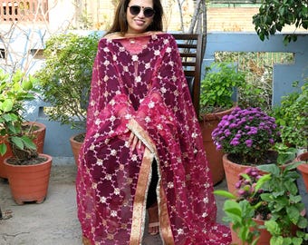 Magenta Net Dupatta for Women/Girl | Embroidered Light Weight Chunni, Traditional Lehenga Wedding/Bridal Veil | Indian Scarf/Stole for Dress