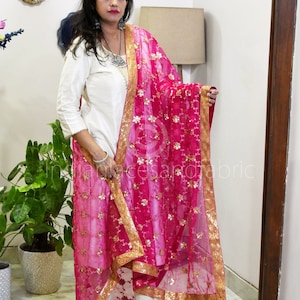 Embroidered Net Dupatta for Women/Girl | Magenta Light Weight Chunni, Traditional Lehenga Wedding/Bridal Veil | Indian Scarf/Stole for Dress