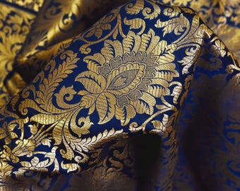 Navy Blue Gold Weaving Brocade Banarasi Indian Blended Silk Wedding Dress Fabric By The Yard Home Decor Table Runner Cushion Covers Brocade
