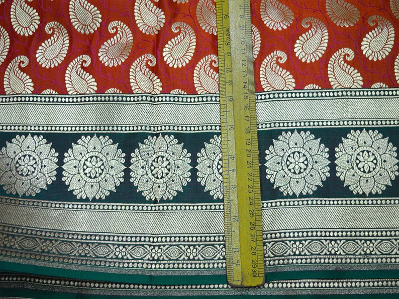 Orange Brocade Fabric by the Yard Indian Fabric Wedding Dress Fabric Banarasi Brocade Fabric with Border for Lengha Costume Crafting Sewing