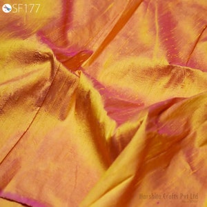Iridescent Yellow Fuchsia Indian Pure Dupioni Raw Silk Fabric by the Yard Sewing Costumes Wedding Prom Dress Skirt Coat Pillow Cover Curtain