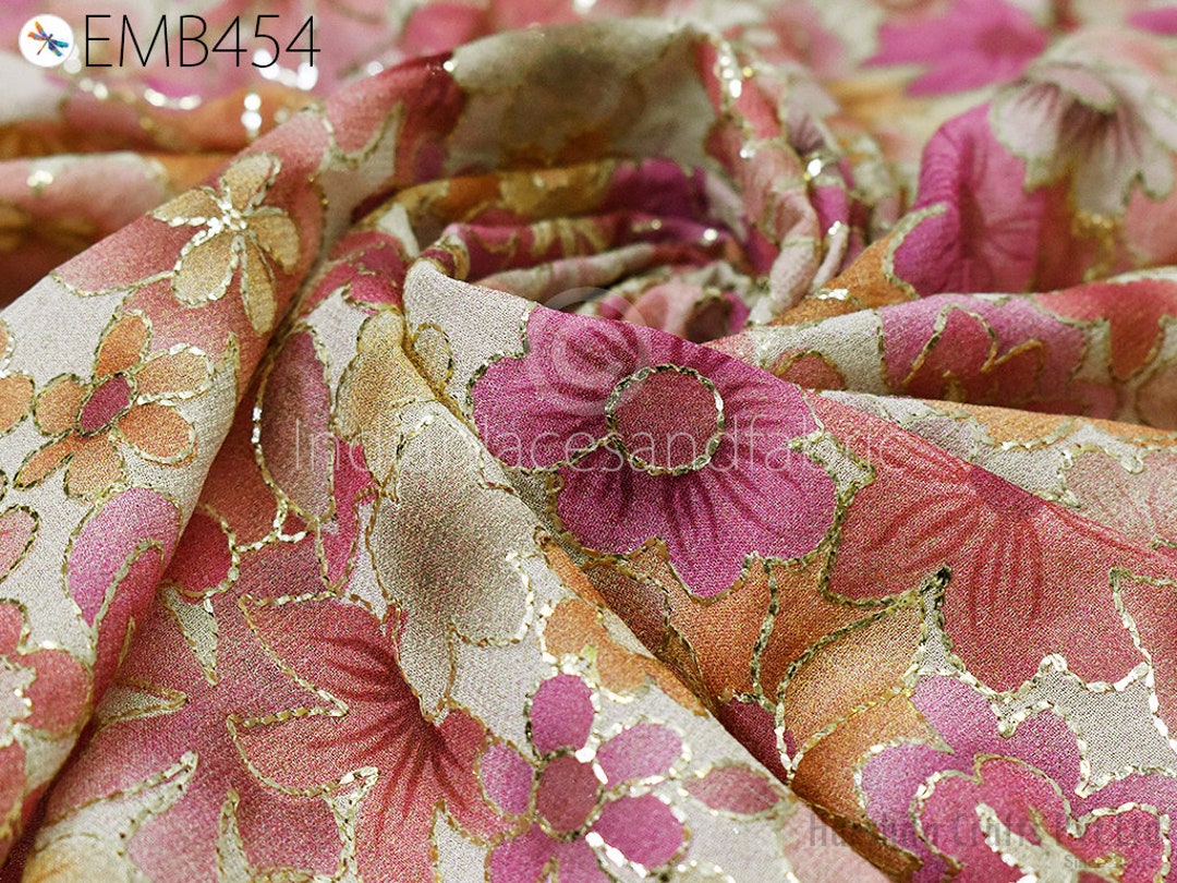Indian Embroidered Fabric by the Yard Mauve Embroidery Sewing