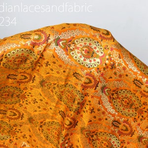 Orange Indian Brocade Silk Fabric By The Yard Wedding Dress Jacket Banarasi Costume Material Sewing DIY Craft Curtain Upholstery Furnishing