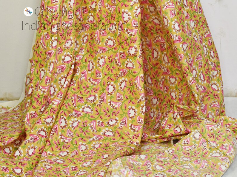Yellow Indian Hand Block Printed Dressmaking Sewing Soft Cotton Fabric By The Yard Quilting Crafting Curtains Summer Women Kids Apparels