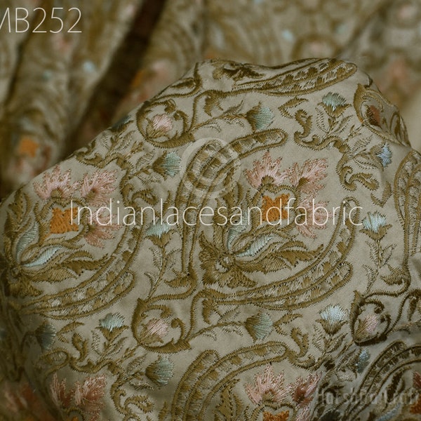 Tan Embroidered Fabric by the yard Sewing DIY Crafting Indian Embroidery Wedding Dress Costumes Bags Cushion Covers Table Runners Blouses