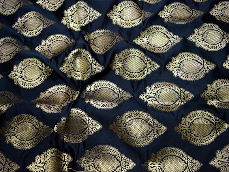 Indian Black Brocade Fabric by the yard Banarasi Fabric Wedding Dress Fabric Sewing Crafting Fabric Bridal Dress Material Costume Fabric
