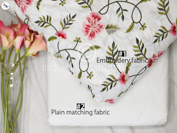Floral Embroidered Cotton Fabric by the Yard Indian Embroidery