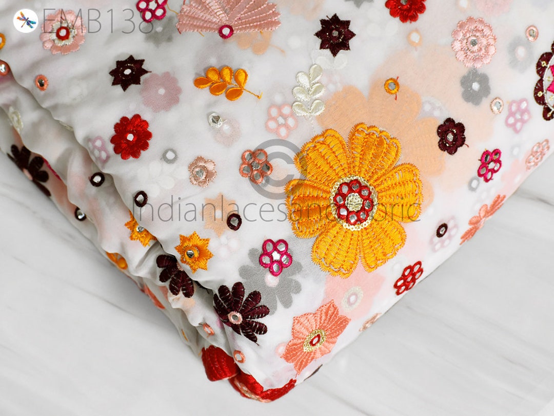 Indian Floral Embroidered Fabric by the Yard Embroidery