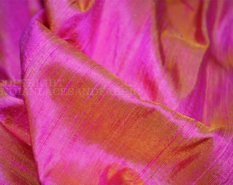 Iridescent Hot Pink Yellow Indian Pure Dupioni Raw Silk Fabric by the Yard Sewing Costumes Wedding Dress Skirt Coat Pillow Cover Curtains