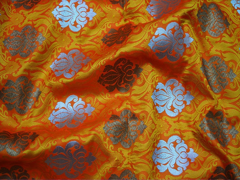 Orange Brocade Fabric Banarasi Brocade Fabric by the Yard Banaras Brocade Art Silk for Wedding Dress