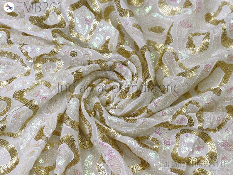 Buy Sequin Embroidery Fabric by the Yard Indian White Online