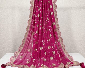 Magenta Gota Patti Dupatta – Handmade Georgette Scarf with Gold Embroidery | Bridal Indian Stole | Ethnic Outfit Wrap  | Women Sequin Scarf