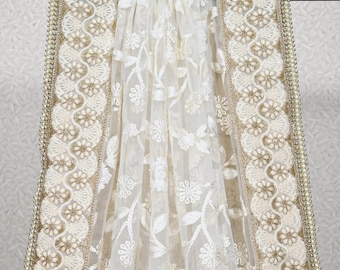 White Dupatta Embroidered Indian Long Net Chunni, Bridal Veil, Lehenga Stole, Punjabi Dress Chuni, Women's Head Scarf, Gift for Friend