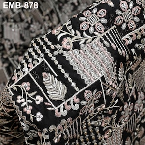 Dark Navy Blue Embroidered Fabric by the yard Sewing DIY Crafting Indian Embroidery Wedding Dress Blouses Blazer Victorian Costumes Trousers