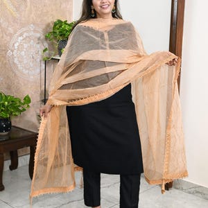 Peach Organza Designer Dupatta for women, Bridal Wedding lehenga Chunni/Veil Beads Sequin Scarf Indian Ethnic Dress Stole Gift Bridesmaid
