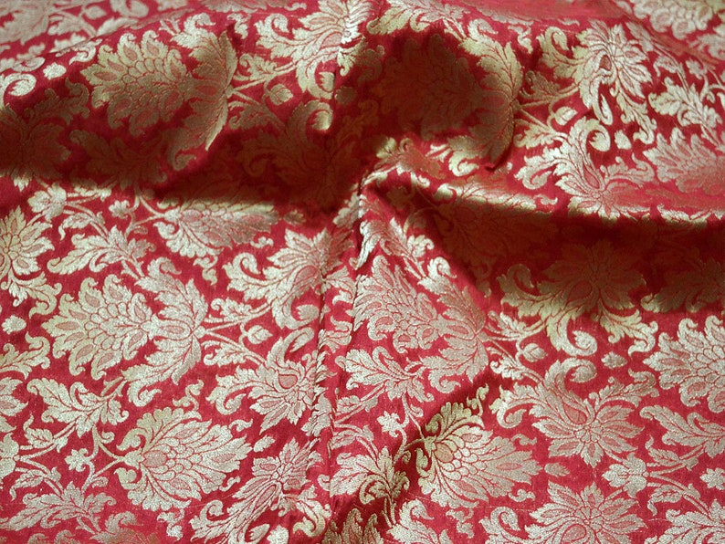 Silk Brocade Fabric in Maroon and Gold with Motifs Indian Silk Dresses Fabric Pure Banarasi Brocade Silk Fabric by the Yard crafting Sewing