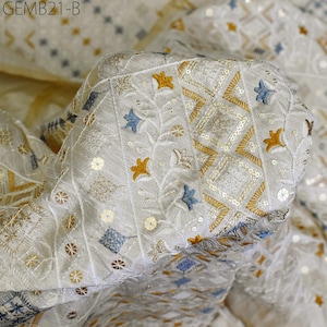 Cream Embroidered Fabric by the yard Sewing DIY Crafting Indian Embroidery Wedding Dress Costumes Dolls Cushion Covers Table Runner Blouses