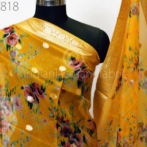 Organza Brocade Gold Indian Printed Head Scarf Crafting Sewing Wedding Dress Costume Doll Making Gift for Her Bridal Veil