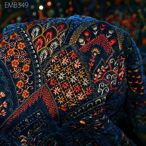 Teal Indian Embroidered Velvet Fabric by the yard Sewing DIY Crafting Wedding Dress Costumes Doll Bags Cushion Covers Table Runner Quilting