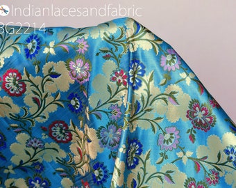 Blue Indian Brocade Silk Fabric By The Yard Banarasi Bridal Wedding Dress Material Crafting Sewing Home Décor Upholstery Drapery Cushions