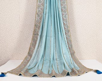 Sky Blue Dupatta Handcrafted Chiffon Indian Bridal Wedding lehenga Heavy Chunni Veil Gota Patti Sequin Scarf Dress Gift Her Bridesmaid