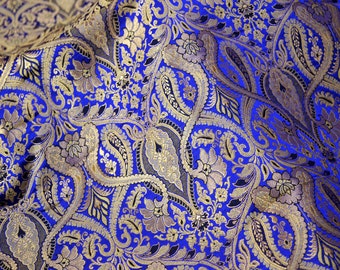 Indian Royal Blue Gold Heaving Fabric Wedding Blouses Cushion Covers Curtains Banarasi Wedding Dress Fabric Banarasi by the Yard Brocade