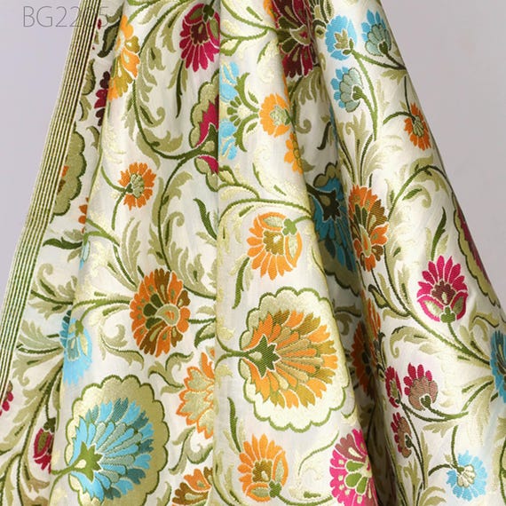 silk brocade dress fabric Silk Brocade fabric green with gold leaves jacquard BRO1167[3]