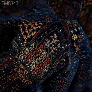 Blue Indian Embroidered Velvet Fabric by the yard Sewing DIY Crafting Wedding Dress Costumes Doll Bags Cushion Covers Table Runner Quilting
