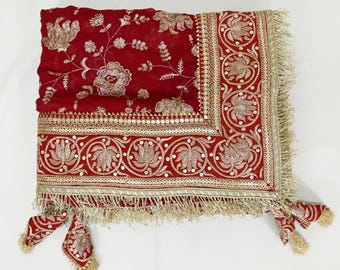 Georgette Dupatta, Red Embroidered Bridal Veil | Sequin Border, 96x41 Inches | Festive Wedding Stole