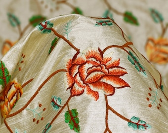Indian Beige Embroidered Dupioni Fabric by the Yard Sewing Crafting Wedding Dresses Fabric Costumes Dolls Bags Cushion Covers Table Runners