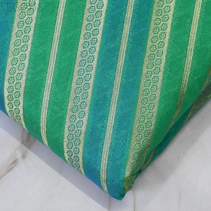 Green Indian Brocade by the Yard Diagonal Stripes Banarasi Benarse Wedding Dress lehenga Blouse Sewing Costumes DIY Crafting Drapery Jackets