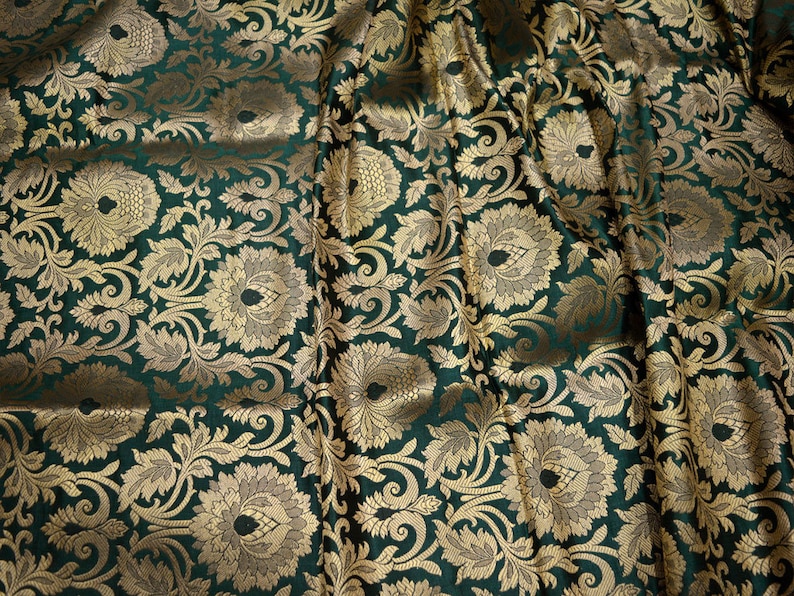 Silk Brocade Fabric Bottle Green Gold Banarasi Blended Silk Brocade Fabric by the Yard Banaras Brocade for Wedding Dress Bridesmaid Lehenga image 3