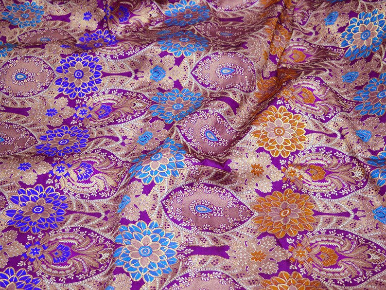 Indian Banaras Silk Purple Brocade by the Yard Benarse Wedding Dress fabric Banarasi silk Dress Material Lengha Crafting Sewing Costumes