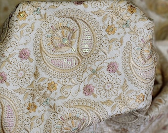 Ivory Embroidered Fabric by the yard Sewing DIY Crafting Indian Embroidery Wedding Dress Costumes Dolls Bags Cushion Covers Table Runners