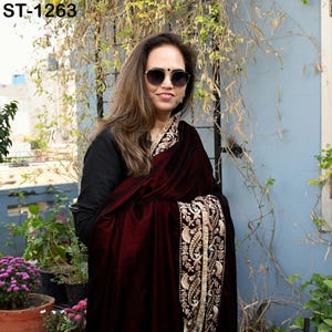 Burgundy Velvet Shawl Dupatta – Embroidered Floral Border Wrap for Bridal, Partywear & Groom Sherwani image 6