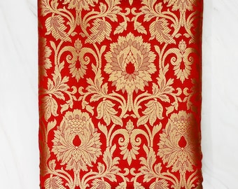 Red Gold Banarasi Brocade by the Yard Fabric Banarasi Weaving for Wedding Dress Top Indian Blended Silk Sewing Crafting Home Decor Curtains