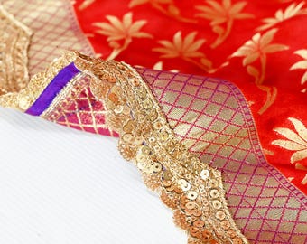 Red Dupatta Banarasi Sequin Long Brocade Dupatta Chunni Bridal Veil Wedding Lehenga Shawls Wraps Punjabi Dress Head Scarf Women Gift Wife