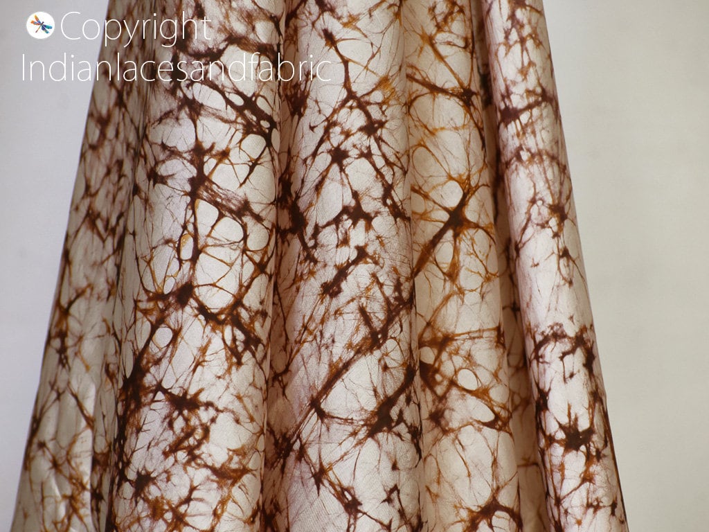 Brown Indian Soft Pure Printed Silk Batik Fabric by the Yard