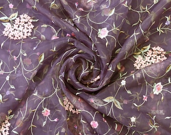 Tela de organza de seda pura bordada, cortada a medida, bordado indio, vestido de novia transparente floral, delicado material de vestido de diseñador, sari