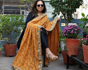 Mustard Yellow Designer Dupatta Chikankari Georgette Chunni, Indian Bridal Veil Lehenga Wedding Wrap Stole Haldi, Gift for Mother