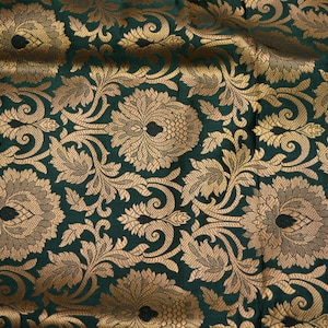 Silk Brocade Fabric, Bottle Green Gold Banarasi Blended Silk, Brocade Fabric by the Yard ,Banaras Brocade