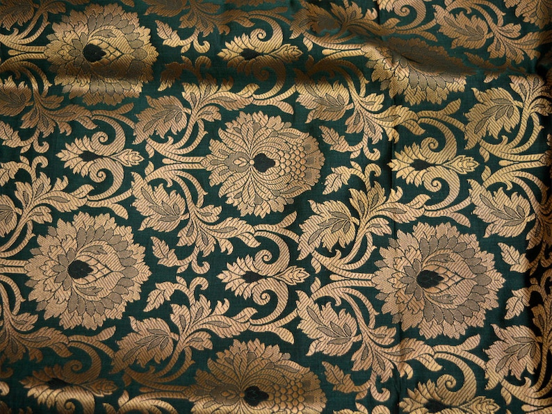 Silk Brocade Fabric Bottle Green Gold Banarasi Blended Silk Brocade Fabric by the Yard Banaras Brocade for Wedding Dress Bridesmaid Lehenga image 1