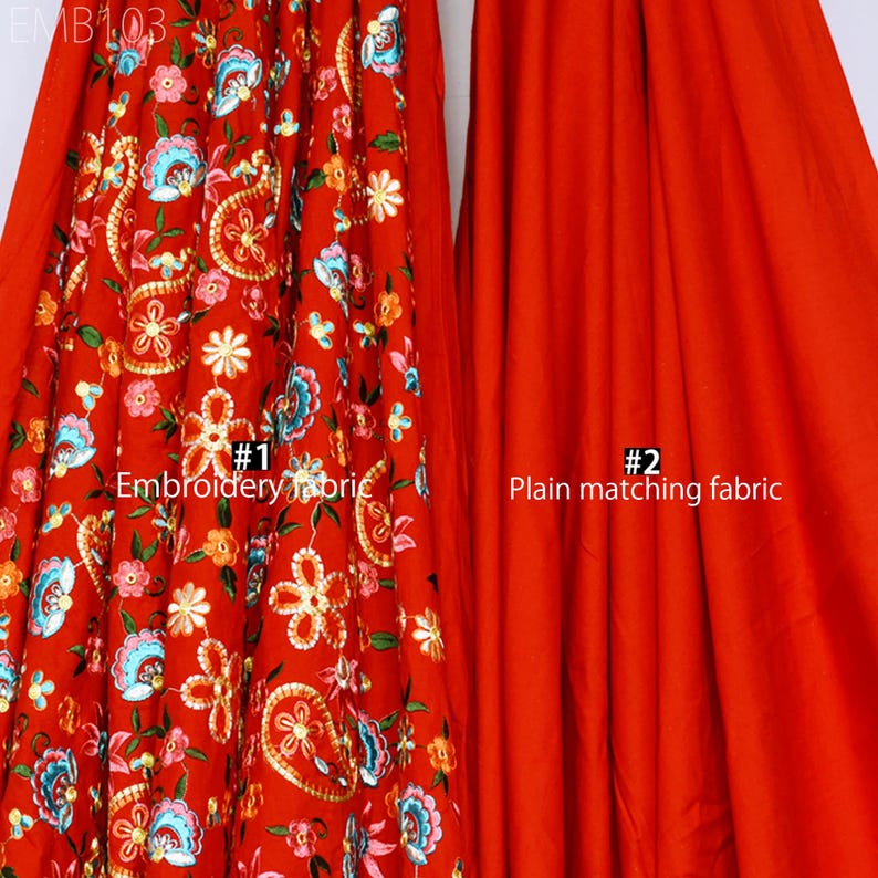 May include: Two pieces of red fabric, one with embroidered floral and paisley patterns and the other plain. The embroidered fabric is labeled "#1 Embroidery fabric" and the plain fabric is labeled "#2 Plain matching fabric".