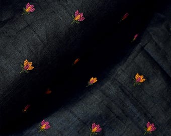 Black Pure Tussar Silk Embroidered Fabric by the yard Embroidery Raw Silk Wild Natural Handmade Fabric Peace Silk Tussah Dress Material