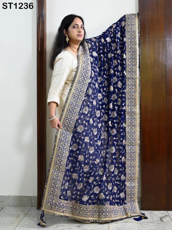 chunni dress design Blue Georgette Designer Dupatta for Women, Bridal Wedding Lehenga Chunni/veil  Sequin Scarf Indian Ethnic Dress Stole Ideal Gift Bridesmaid