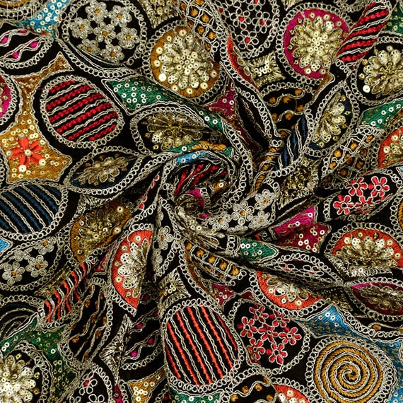 インド刺繍生地ヤードジョーゼット黒刺繍縫製カーテン夏の女性のドレス