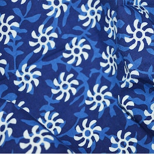 Floral Indigo Blue Indian Hand Block Printed Quilting Cotton Fabric by Yard Sewing Crafting Drapery Curtains Summer Women Kids Girls Apparel