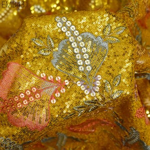 Sequin Embroidered Georgette Yellow Fabric by the Yard Indian Embroidery Wedding lehenga Bridal Dress Saree Material Costume Sewing Crafting
