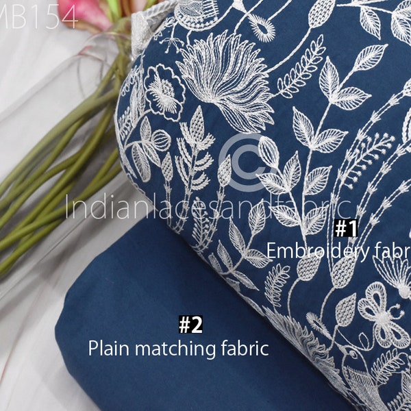 Blue Embroidered Cotton Fabric by Yard Indian Embroidery Sewing DIY Crafting Women Summer Dresses Costumes Tote Bag Home Decor Curtains