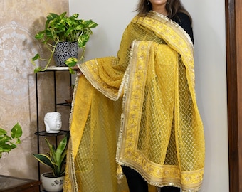 Yellow Organza Designer Dupatta for women, Bridal Wedding lehenga Chunni/Veil Beads Sequin Scarf Indian Ethnic Dress Stole Gift Bridesmaid